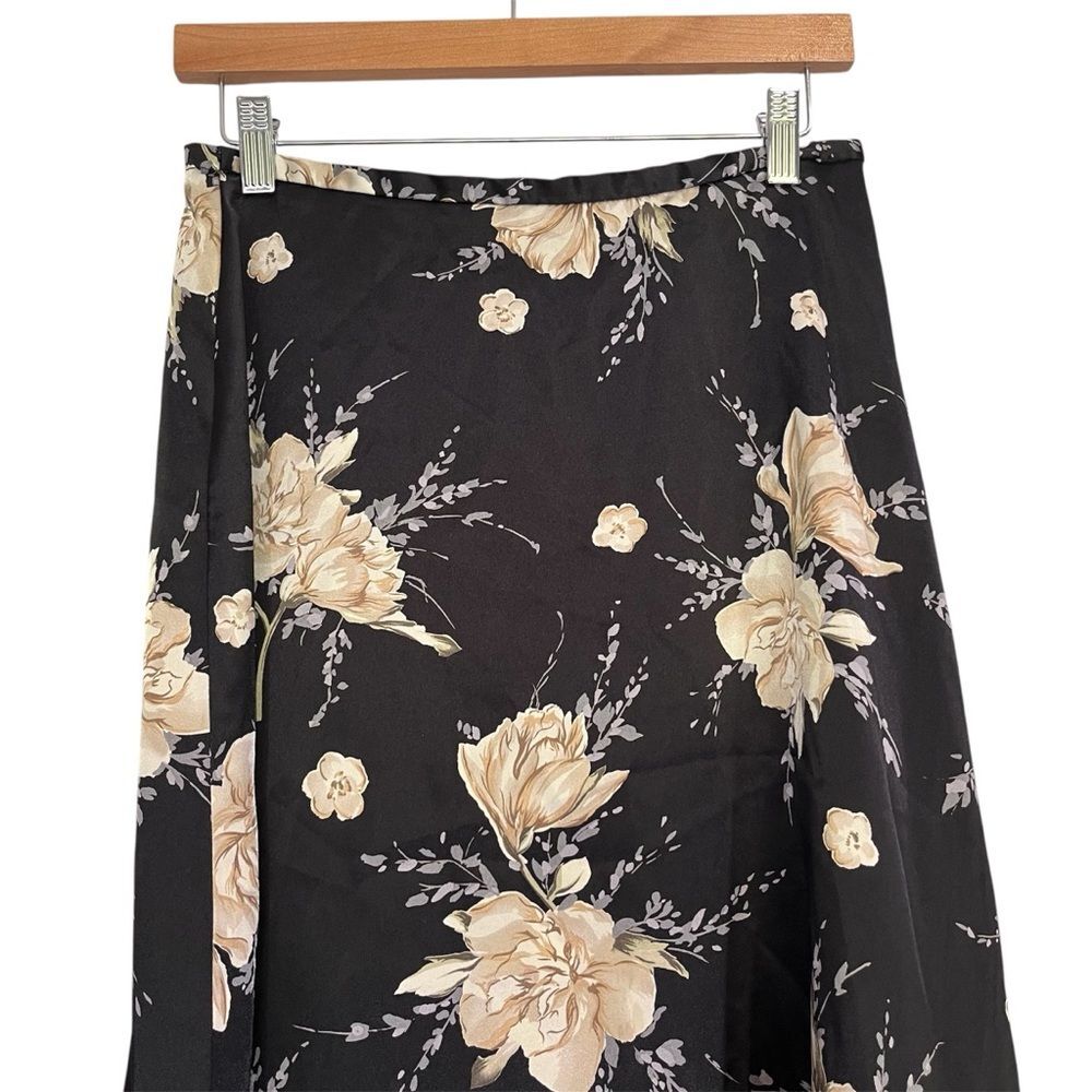 Vintage Kathie Lee Womens Silky Black Dark Floral A-Line Midi Maxi Skirt M - Picture 3 of 7